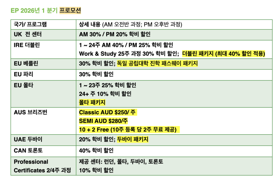 영국 어학연수 박람회 장학 혜택 안내 (26년 1분기, 1/5 ~ 2/6)