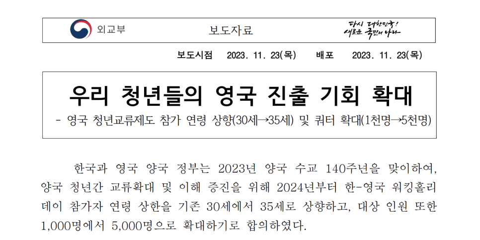 영국 워킹홀리데이 비자 변경사항 - 2024년부터 만 35세로 상향 및 5천 명으로 확대