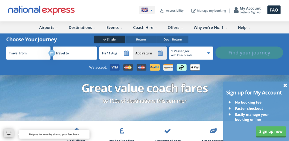 영국 여행 또는 어학연수 중 저렴히 도시 이동하기 - National Express